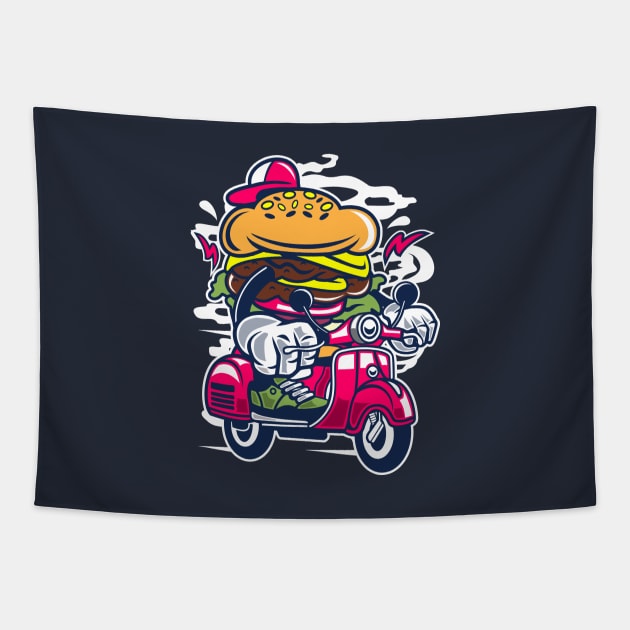 Fast Food Series: Weird Burger Riding a Scooter Tapestry by Jarecrow 