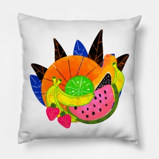 Pink Y2K Summer Aesthetic Wild Exotic Tropical Fruit Smoothie Maximalist Pattern With Mango, Papaya, Watermelon, Banana, Lime And Strawberry Pillow