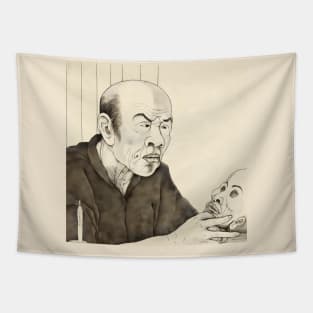 Portrait of old asian man holding human skull Tapestry