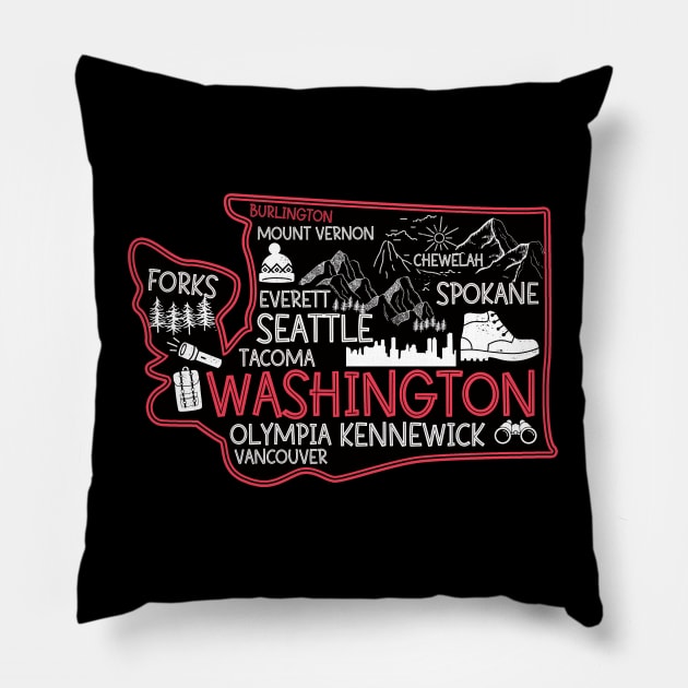 Burlington Washington cute map Tacoma Seattle Kennewick Spokane Pillow by BoogieCreates
