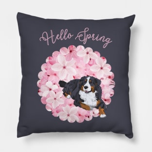 Hello Spring with Bernese Mountain Dog and Sakura Flower Circle Pillow