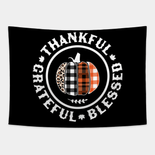 Thankful Grateful Blessed Orange Plaid Leopard Pumpkin Fall Tapestry