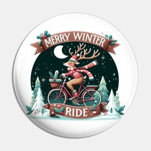 Merry Winter Ride - Christmas reindeer on a bicycle Pin