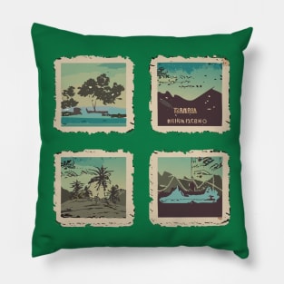 a vintage travel-themed t-shirt design with retro postcard illustrations faded colors and a distressed texture to give it an authentic retro look Pillow