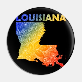 Colorful mandala art map of Louisiana with text in blue, yellow, and red Pin