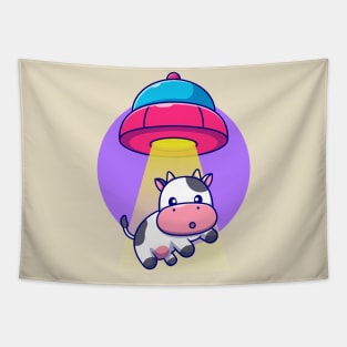 Cute Cow Sucked In UFO Spacecraft Cartoon Tapestry