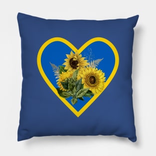 Sunflowers in Heart with Blue and Yellow Ukrainian flag colors Pillow