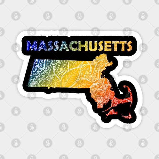 Colorful mandala art map of Massachusetts with text in blue, yellow, and red Magnet by Happy Citizen