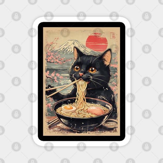 Japanese Ramen Cat Poster – Kawaii Neko Eating Noodles Art Magnet by Creatifly Graphic Tees