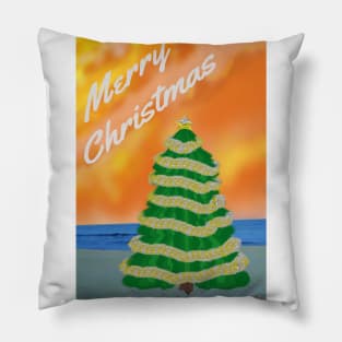 Tropical Merry Christmas. Decorated Tree on a Sandy Beach. Pillow