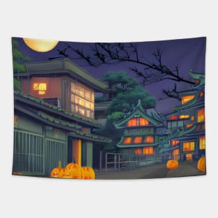 Halloween Moon and Pumpkins in the Vintage Village Tapestry