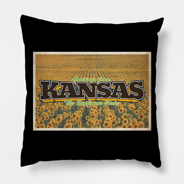 Greetings from Kansas - Vintage Travel Postcard Design Pillow by fromthereco