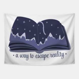 A way to escape reality blue book with stars and mountains panorama (a design for readers) Tapestry