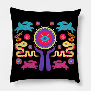 Colorful Evil Eye Symbol with Animals and Flowers Pillow