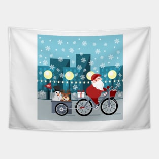 Santa Claus riding bike through the city Tapestry