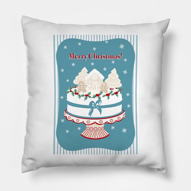 Vintage Christmas Cake with Gingerbread Decorations on a Red Cake Stand Pillow by NattyDesigns