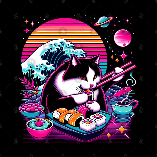 CUTE CAT EATING SUSHI WAVE JAPANESE by athirdcreatives