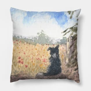 A Border collie dog meditates on a summer meadow Pillow