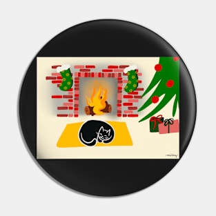 Christmas Kitty by the Fireplace Pin