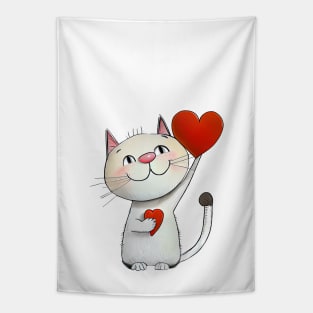 Cat with Two Hearts - funny illustration for cat lovers Tapestry