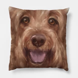 Oil Painting of a Cute and Furry Dog Smiling With Golden Hair Pillow