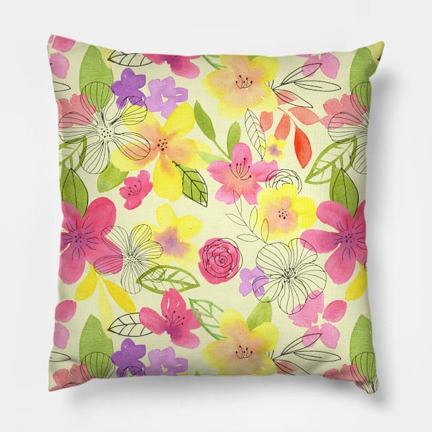 Colorful Watercolor Floral Pattern - Spring is Here Pillow by The Artsychoke