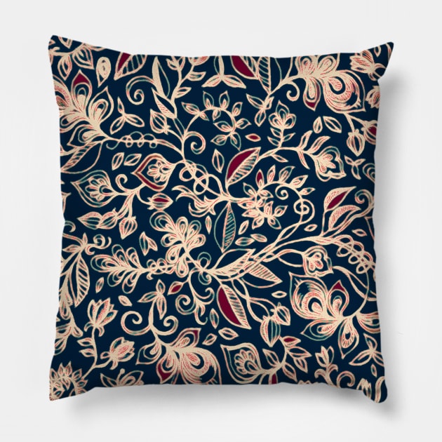 Navy Garden - floral doodle pattern in cream, dark red & blue Pillow by micklyn
