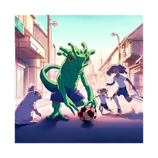 Cartoon anime Chimera Frog playing Football in Japan street Kawaii T-Shirt