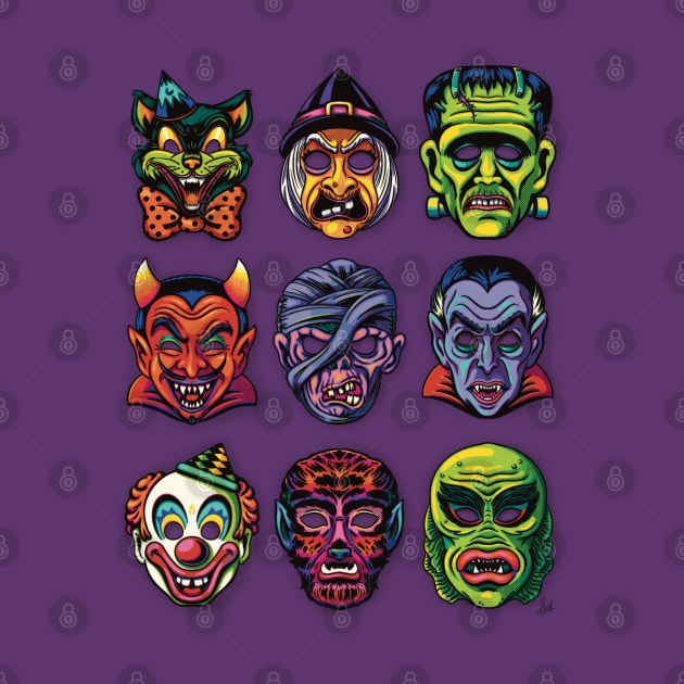 Retro Halloween Masks by jfeldmanart