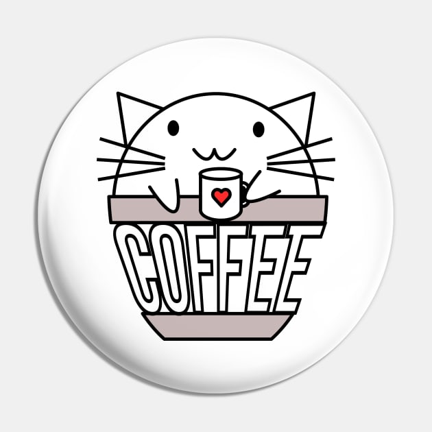 Cat in coffee cup with warped text holding coffee cup with heart Pin by coffeewithkitty