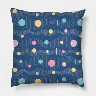 Tennis Net with colorful Balls over blue background Pillow