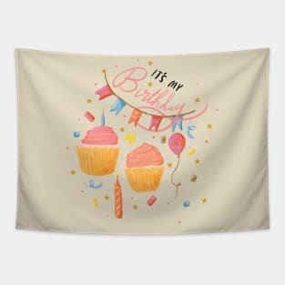 “It’s my birthday!” with bunting, cupcakes, confetti, stars, candles, and hearts Tapestry