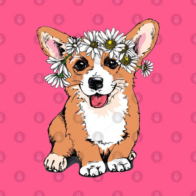 Cute Funny Corgi With Flowers on Head Artwork by Artistic muss