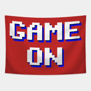 Pixelated Game On in red background Tapestry