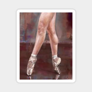 Painting of Ballet Dancer Legs and Shoes on Pointe, Maroon Background Magnet