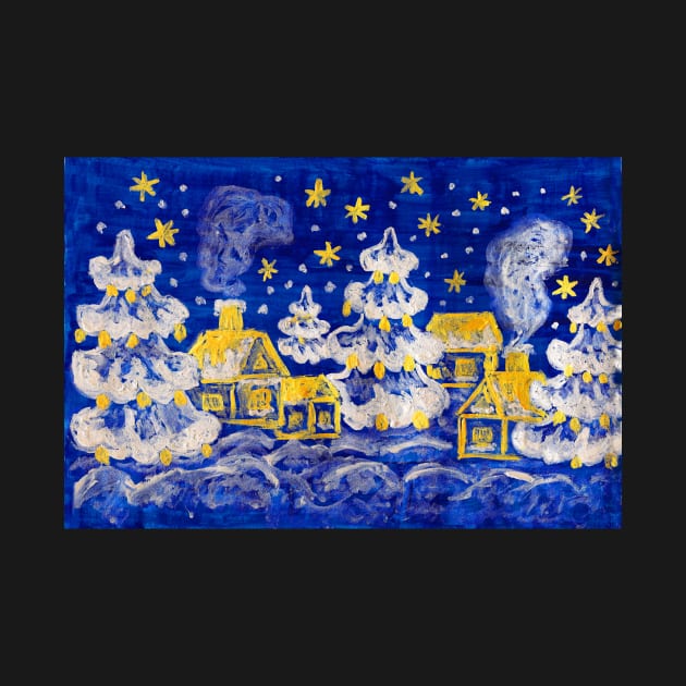 Christmas picture - winter landscape with golden houses and silver fir-trees on blue background by IrinaAfonskaya