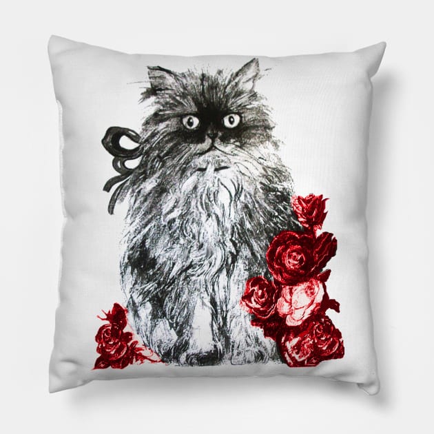 CAT KITTEN WITH RED ROSES ,Black and White Pillow by BulganLumini