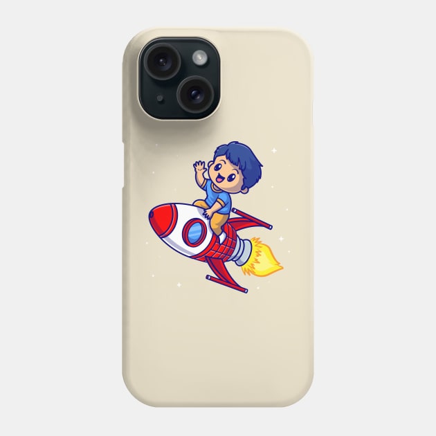 Cute Boy Riding Rocket In Space Cartoon Phone Case by Catalyst Labs