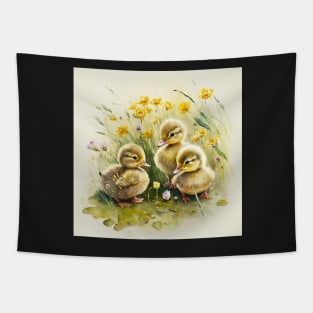 Cute Baby Ducks in Flowers Watercolor Tapestry