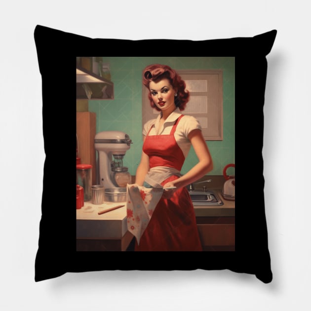 A Pin Up Girl in the Kitchen Pillow by goodoldvintage