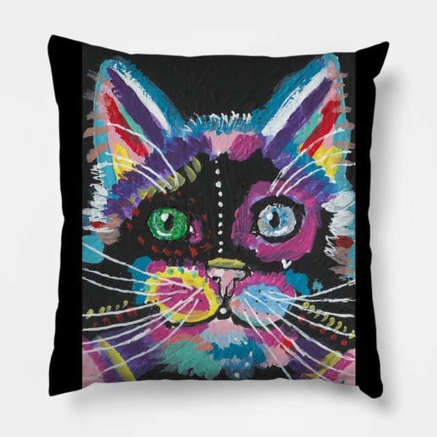 Cute colorful cat face Pillow by SamsArtworks