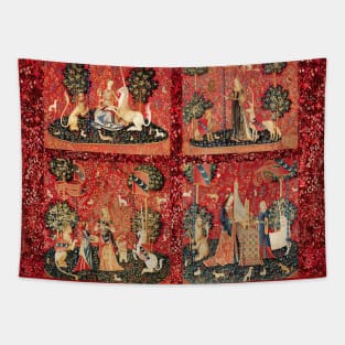 FOUR LADY AND UNICORN STORIES ,Fantasy Flowers,Animals, Red Green Floral Tapestry Tapestry
