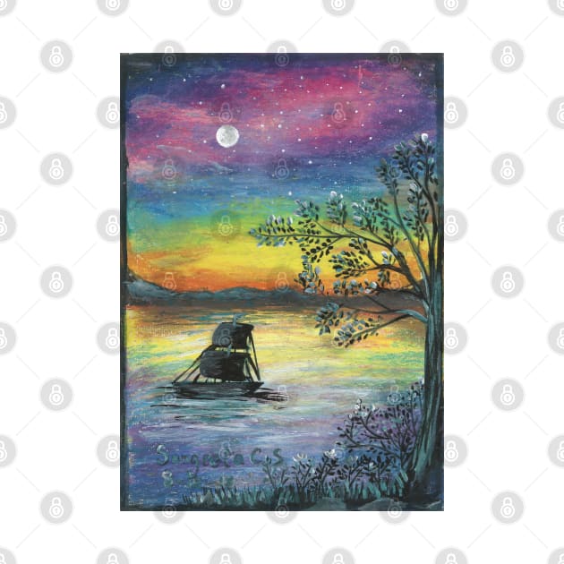 Ship in the moonlight colorful oil pastels scenery by Sangeetacs