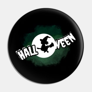 Halloween, witch on a broom against the background of the full moon Pin