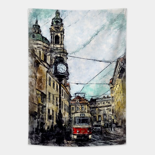 Prague City Streets Travel Poster Series watercolor ink edition 05 Tapestry by Naumovski