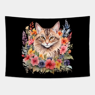 A norwegian forest cat decorated with beautiful watercolor flowers Tapestry