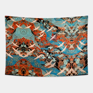 FLYING WHITE CRANES ON BLUE WATERS AND SPRING FLOWERS Red Teal Japanese Floral Tapestry