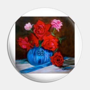 Red Roses in a Blue Vase Pin