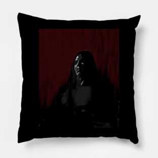 Portrait, digital collage and special processing. Man sitting. Calm but strong. Black and white. Red. Pillow