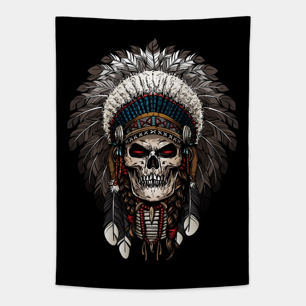 Ancient Indian Chief Skull with feathers Tapestry by Eskitus Fashion